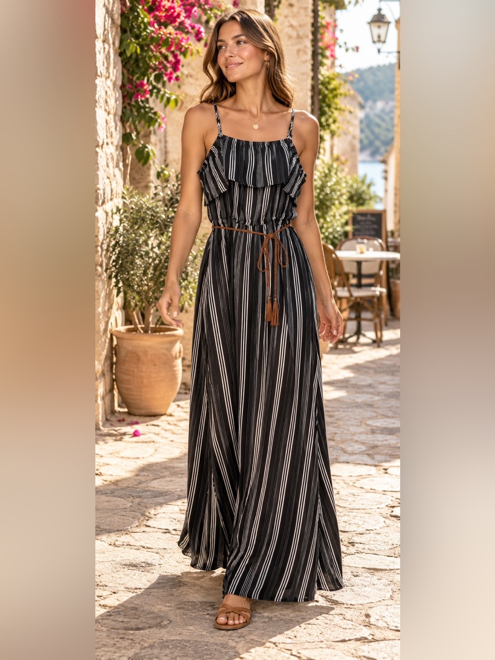 Black & White Striped Maxi Dress with Waist Tie